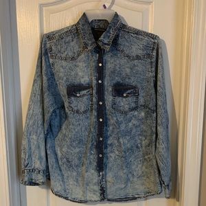 Distressed denim button up shirt